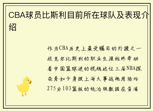 CBA球员比斯利目前所在球队及表现介绍